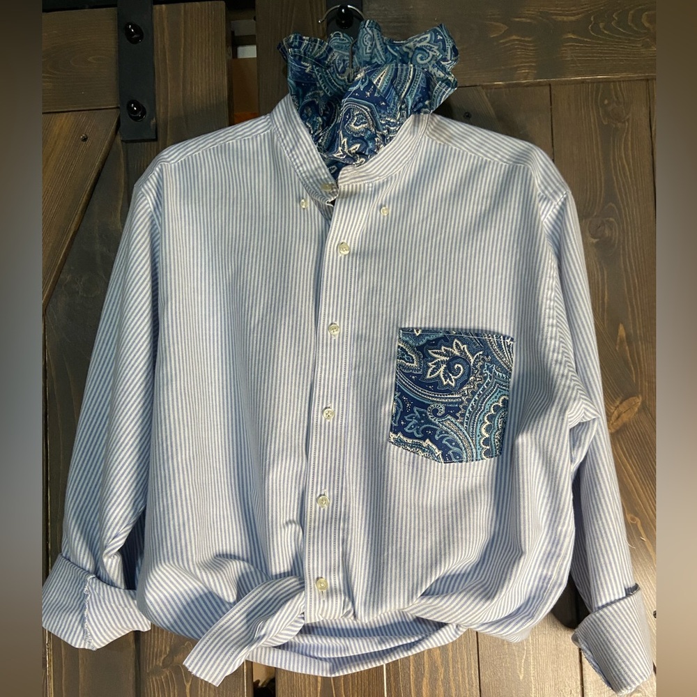 Women’s Blue Stripe Button-Down Shirt with Paisley Pocket
